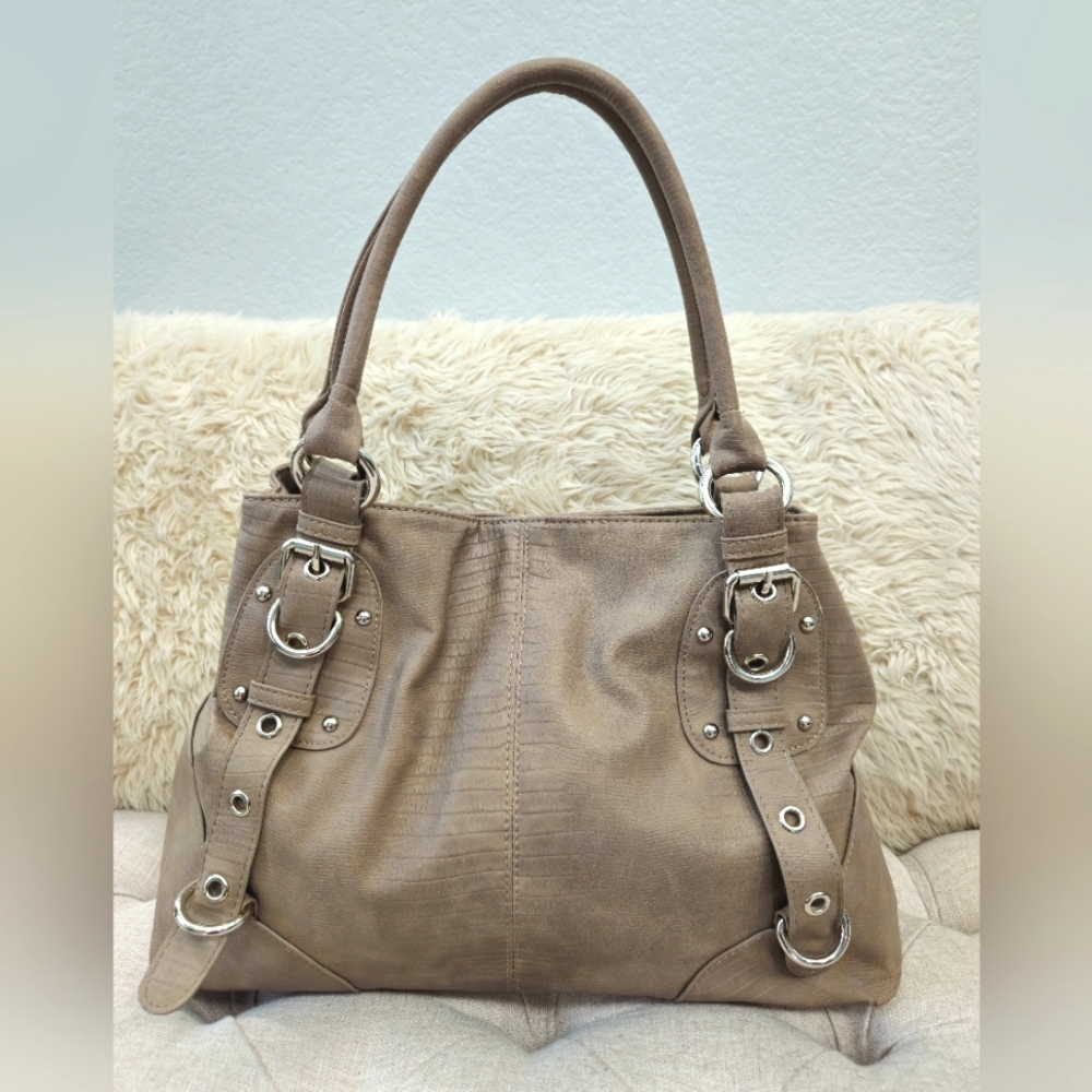 Reflections- Buckled Taupe, Tan handbag purse Faux Snake skin Sz M